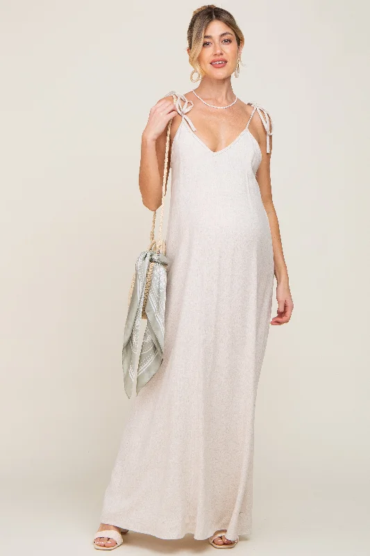 Beige Linen V-Neck Tie Strap Maternity Maxi Dress Comfortable Flowy Maxi Dress