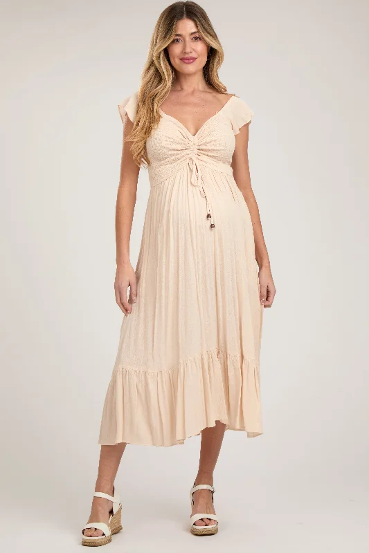 Beige Smocked Ruched Ruffle Hem Maternity Maxi Dress Comfortable Ruffle Maxi Dress