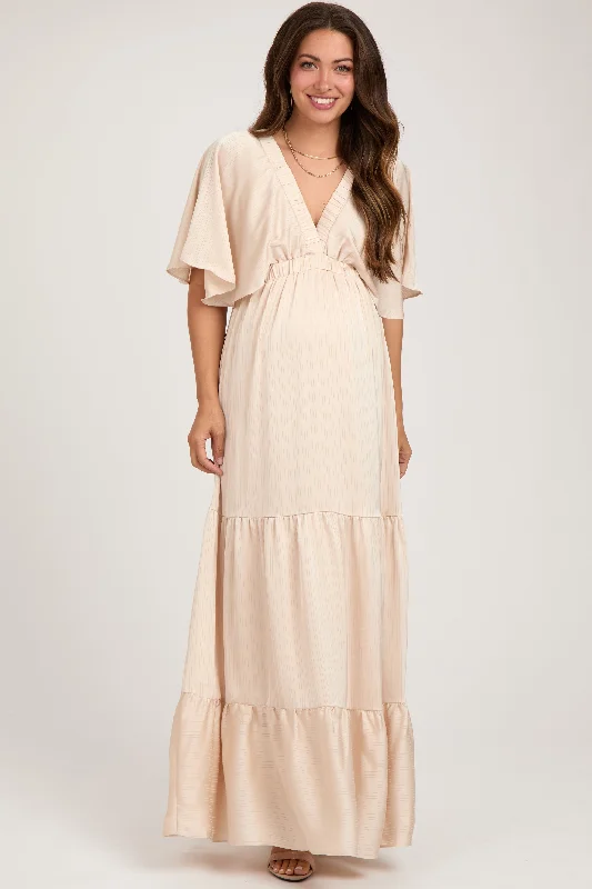 Beige V-Neck Flutter Sleeve Tiered Maternity Maxi Dress Stylish A-Line Maxi Dress