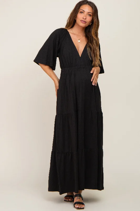 Black Deep V-Neck Tiered Maternity Maxi Dress Trendy Floral Print Maxi Dress