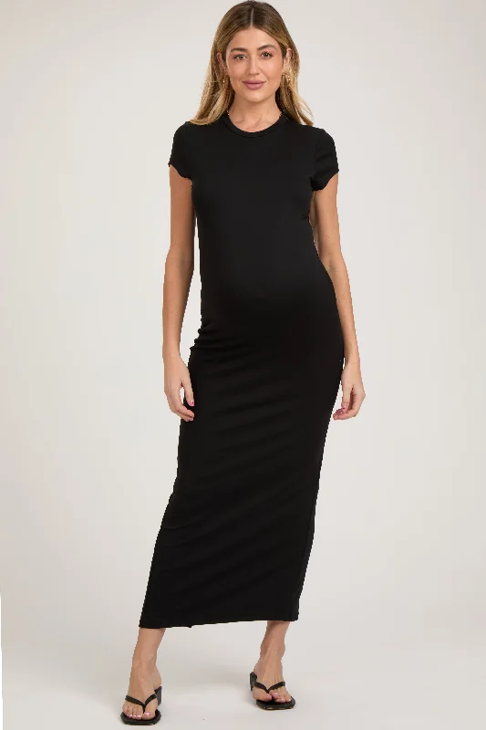 Black Fitted Short Sleeve Maternity Maxi Dress Elegant Maxi Dress with Lace