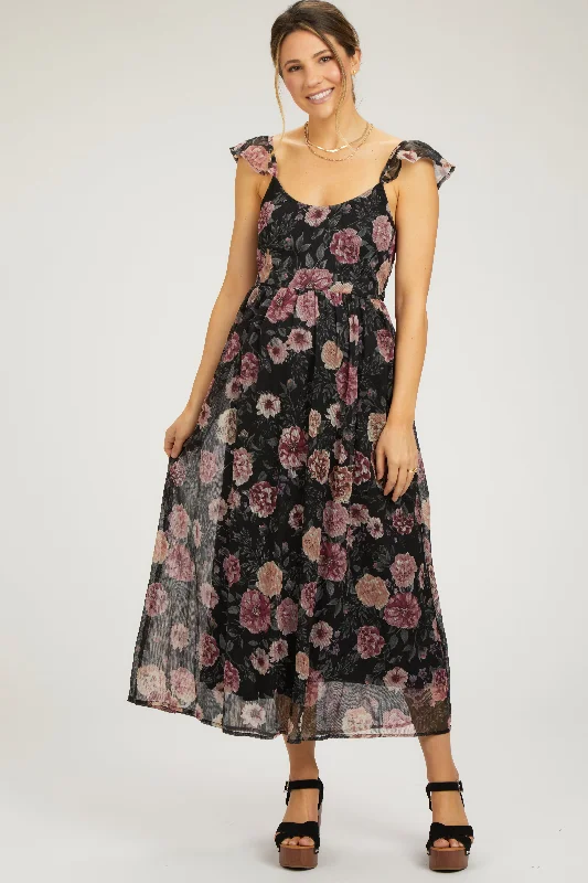 Black Floral Chiffon Back Tie Maternity Maxi Dress Trendy Floral Print Maxi Dress