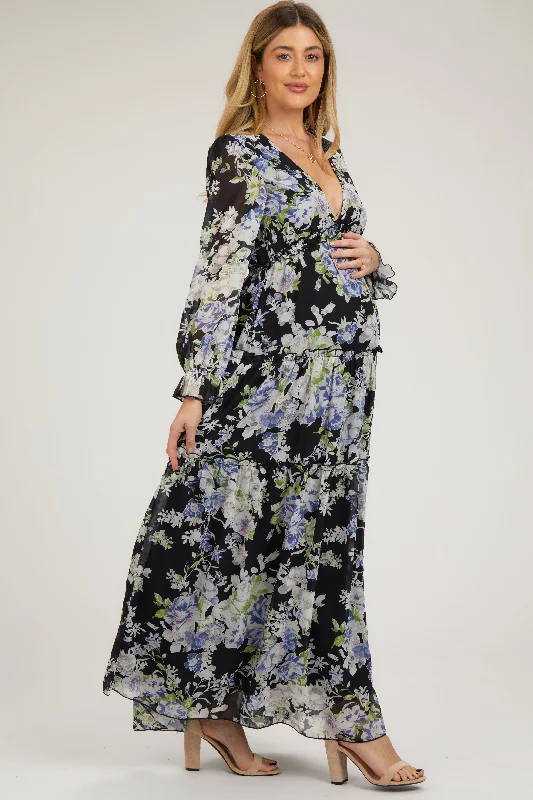 Black Floral Chiffon Deep V Ruffle Tiered Maternity Maxi Dress Elegant Maxi Dress with Ruffles