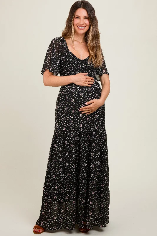 Black Floral Chiffon Smocked Maternity Maxi Dress Cozy Wrap Maxi Dress