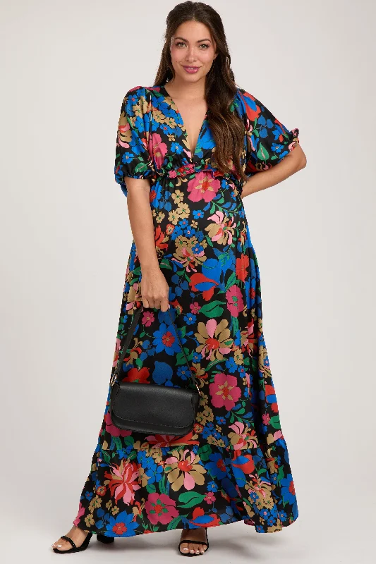 Black Floral Satin Deep V-Neck Puff Sleeve Maternity Maxi Dress Comfortable Flowy Maxi Dress