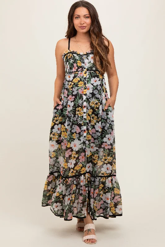 Black Floral Smocked Button Accent Maternity Maxi Dress Trendy Off-Shoulder Ruffle Maxi Dress