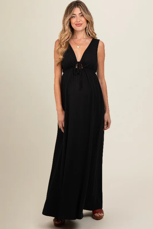 Black Front Tie Cutout Sleeveless Maternity Maxi Dress Elegant Wraparound Maxi Dress