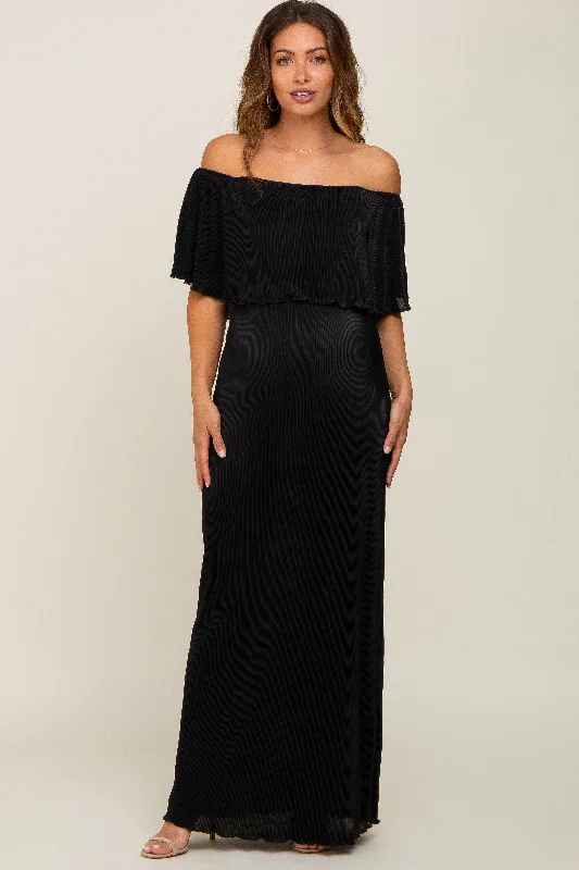 Black Pleated Ruffle Off Shoulder Maternity Maxi Dress Trendy Maxi Dress with Lace