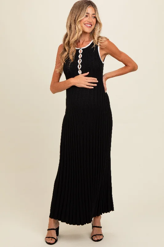 Black Ribbed Knit Button Detail Sleeveless Maternity Maxi Dress Cozy Wrap Maxi Dress