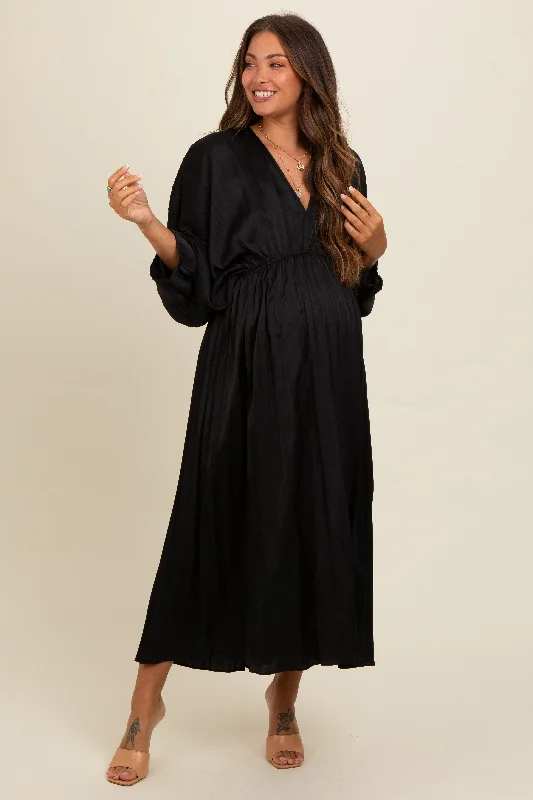 Black Satin Pleated V-Neck Maternity Maxi Dress Comfortable Casual Maxi Dress