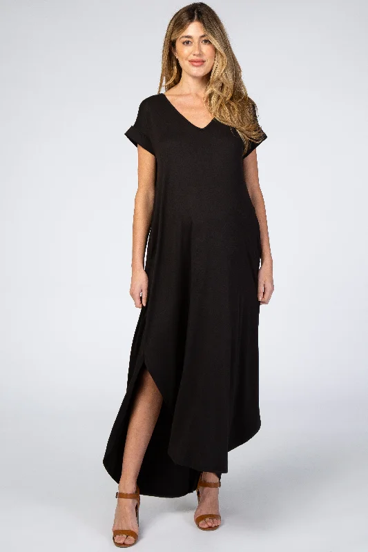 Black Side Slit Maternity Maxi Dress Trendy A-Line Maxi Dress