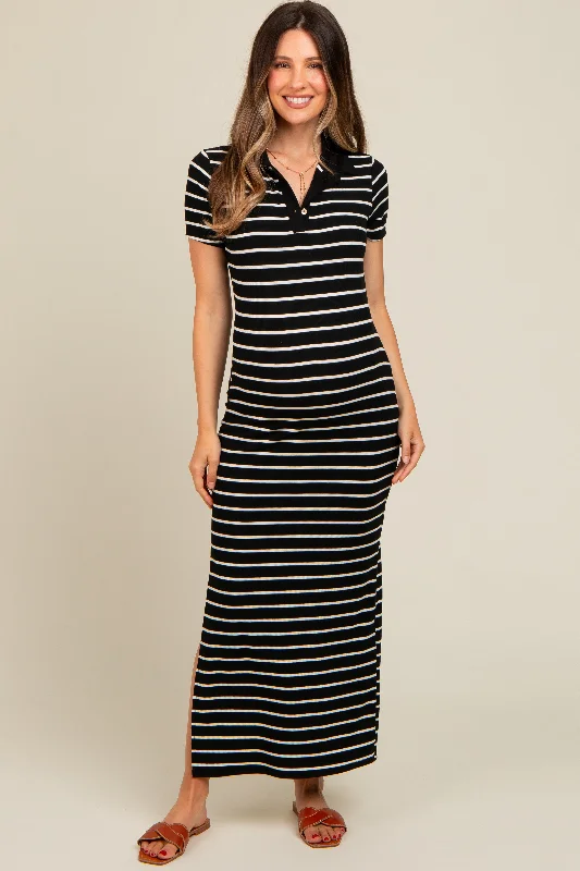 Black Striped Collared Side Slit Maternity Maxi Dress Classic Strapless Maxi Dress