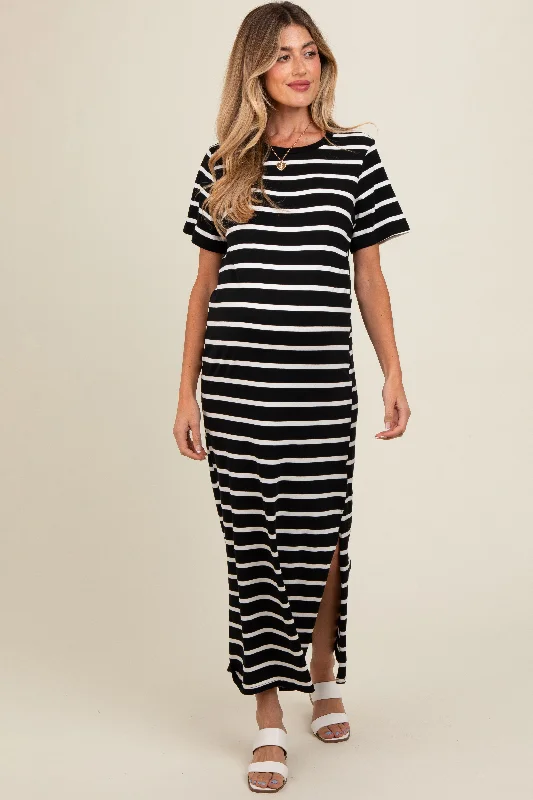 Black Striped Side Slit Maternity Maxi Dress Comfortable T-Shirt Maxi Dress