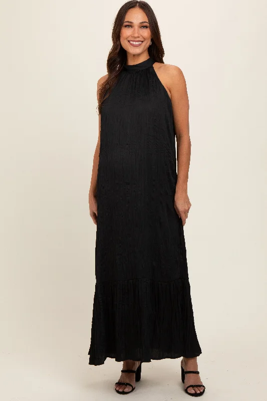 Black Textured Halter Tie Maternity Maxi Dress Fashionable High-Waist Maxi Dress