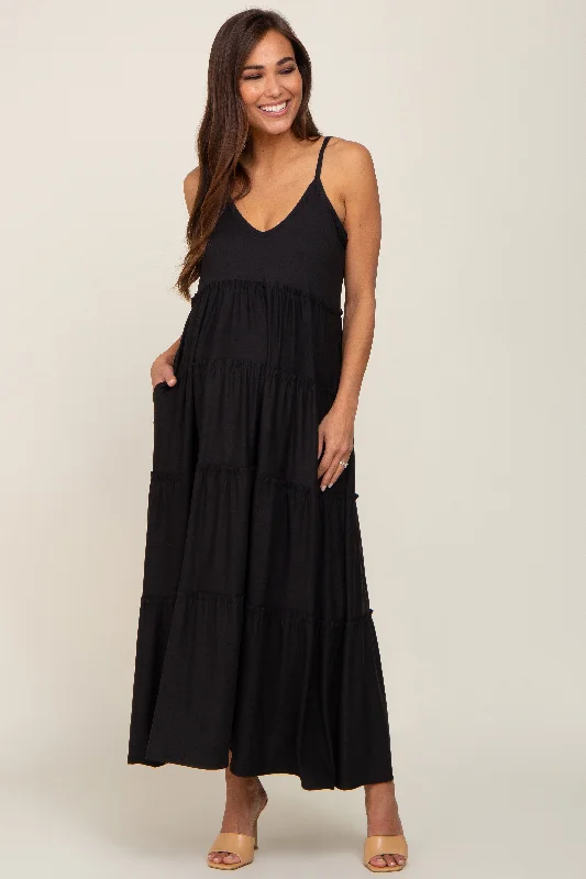 Black Tiered Sleeveless Maternity Maxi Dress Fashionable Halter Neck Maxi Dress