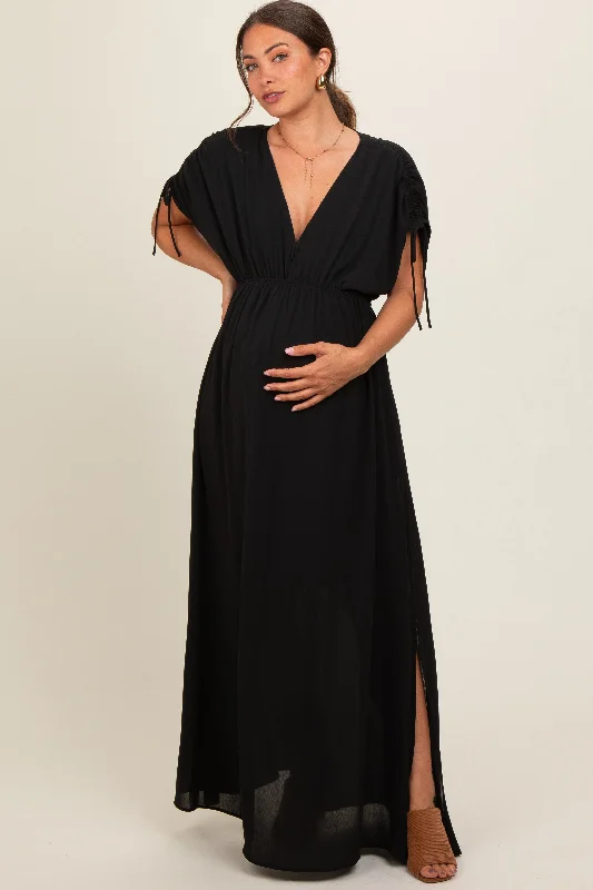 Black V-Neck Drawstring Short Sleeve Side Slit Maternity Maxi Dress Trendy Satin Maxi Dress