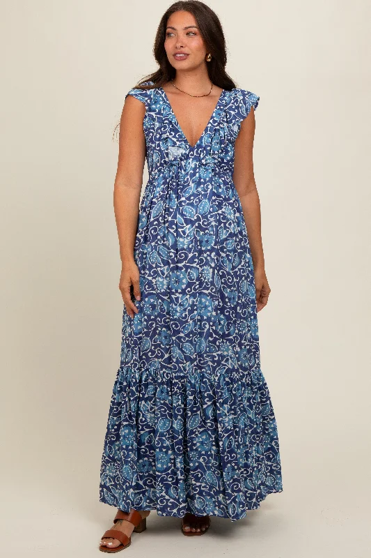 Blue Abstract Floral Ruffle Accent Maternity Maxi Dress Cozy Maxi Dress with Slit