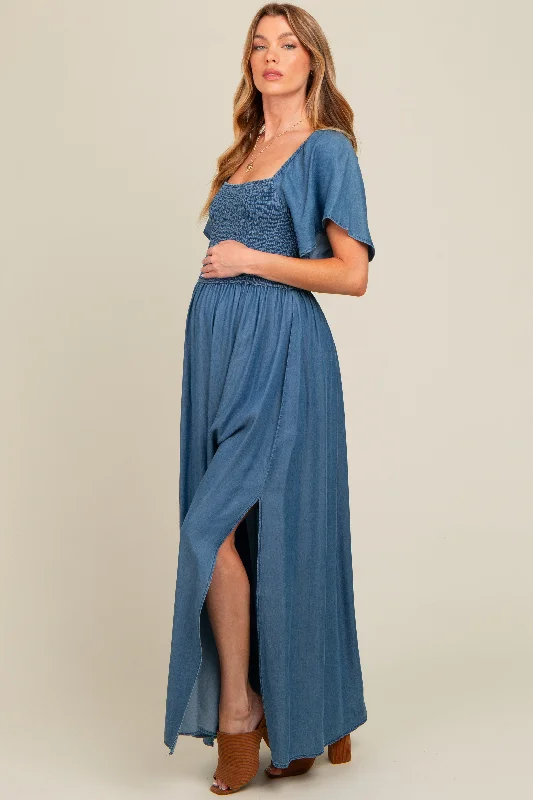 Blue Chambray Smocked Maternity Maxi Dress Comfortable T-Shirt Maxi Dress