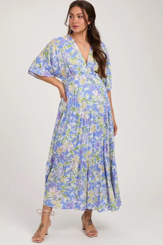 Blue Floral Dolman Sleeve Tiered Maternity Maxi Dress Comfortable Maxi Dress with Belt