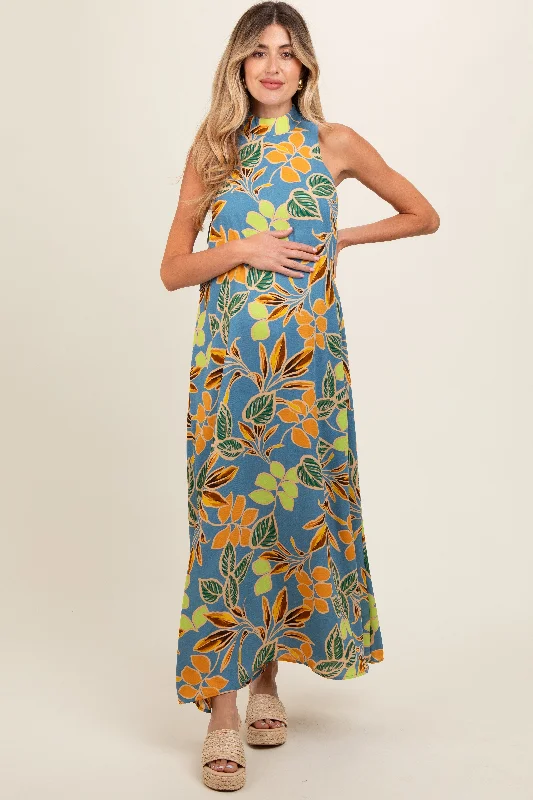 Blue Floral Halter Maternity Maxi Dress Trendy A-Line Maxi Dress