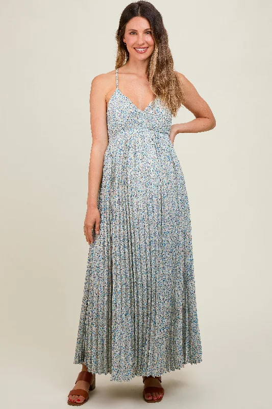 Blue Floral Pleated Cutout Back Maternity Maxi Dress Stylish Boho Chic Maxi Dress