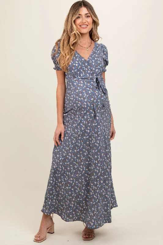 Blue Floral Puff Sleeve V Neck Maternity Maxi Dress Comfortable Ruffle Maxi Dress