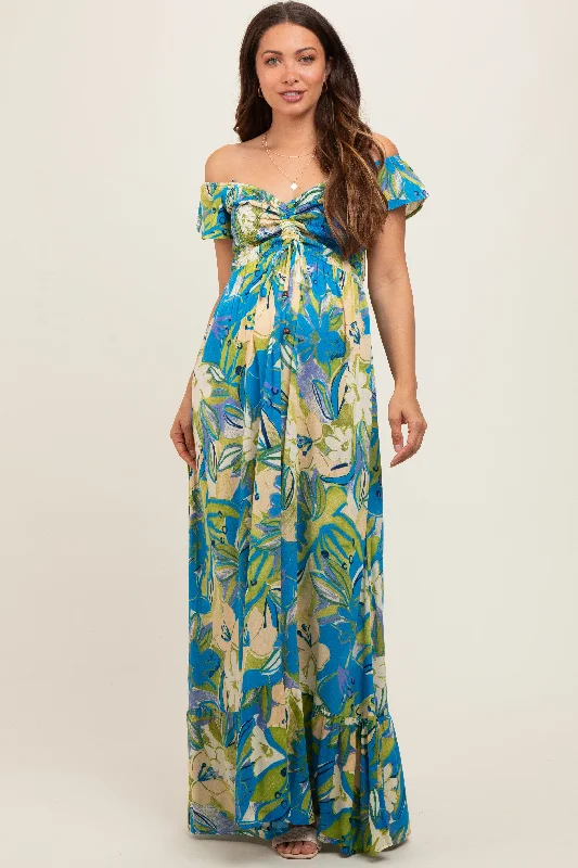 Blue Floral Smocked Off Shoulder Maternity Maxi Dress Classic Tulle Maxi Dress