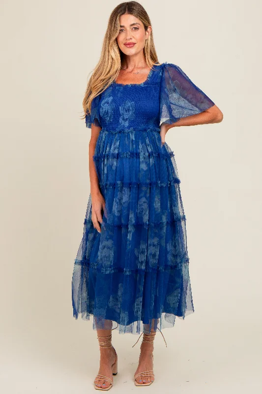 Blue Floral Smocked Tulle Maternity Maxi Dress Trendy Floral Print Maxi Dress