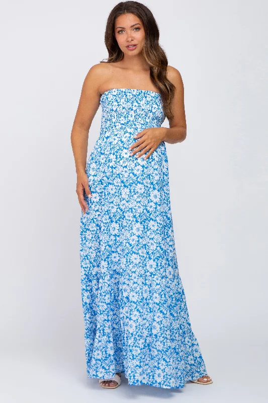 Blue Floral Strapless Smocked Maternity Maxi Dress Fashionable Chiffon Maxi Dress