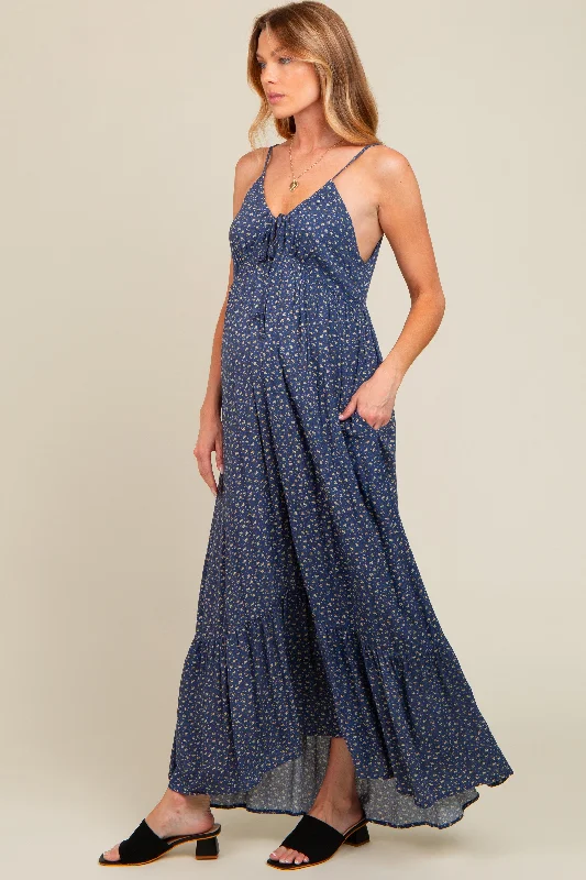 Blue Floral Tie Front Maternity Maxi Dress Cozy Knit Maxi Dress