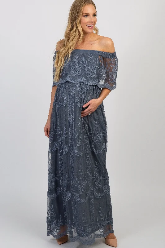 Blue Lace Mesh Overlay Off Shoulder Maternity Maxi Dress Classic Tulle Maxi Dress