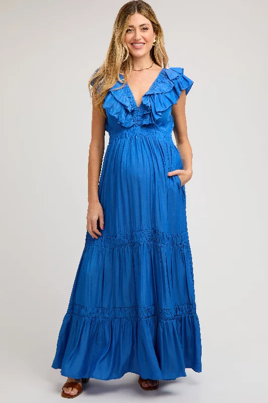 Blue Layered Ruffle Tiered Maternity Maxi Dress Elegant Maxi Dress with Drapes