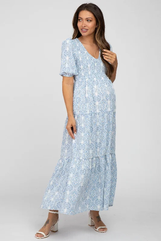 Blue Paisley Print Smocked Tiered Maternity Maxi Dress Fashionable Chiffon Tiered Maxi Dress