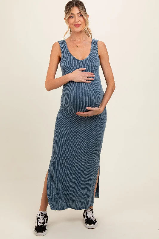 Blue Ribbed Side Slit Maternity Maxi Dress Casual Maxi Dress with Pockets