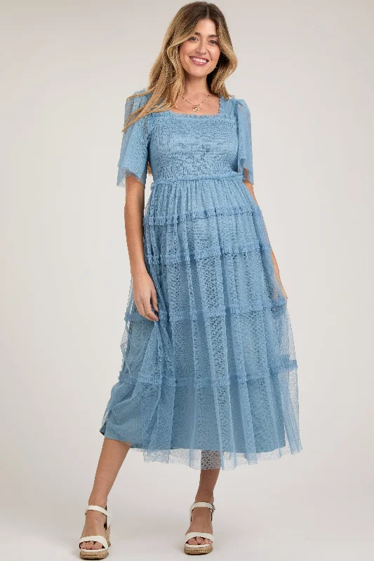 Blue Ruffled Mesh Maternity Maxi Dress Comfortable Cotton Maxi Dress