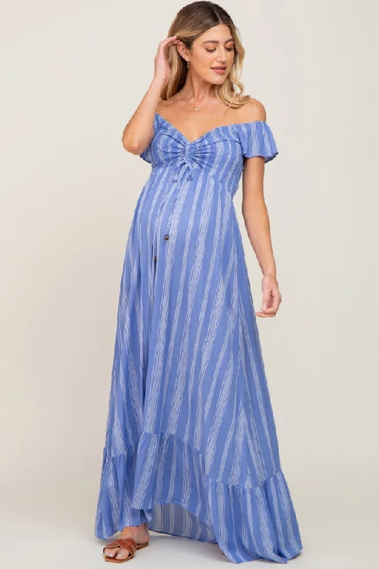 Blue Striped Off Shoulder Front Tie Maternity Maxi Dress Comfortable Pleated Maxi Dress