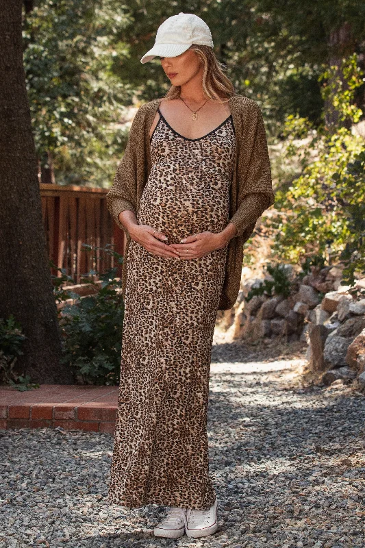 Brown Animal Print Fitted Maternity Maxi Dress Stylish Longline Maxi Dress