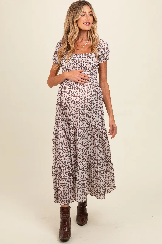 Brown Floral Puff Sleeve Smocked Maternity Maxi Dress Fashionable Halter Neck Maxi Dress