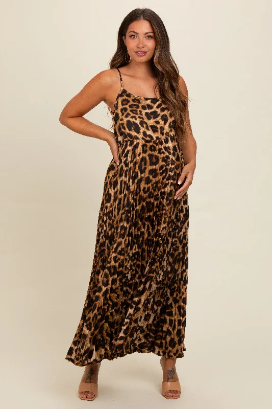 Brown Leopard Print Pleated Maternity Maxi Dress Stylish V-Neck Maxi Dress