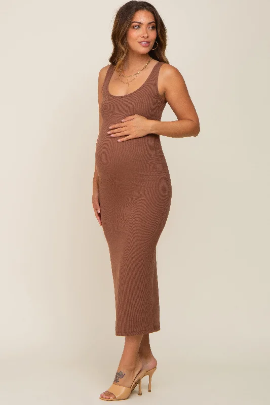 Brown Ribbed Basic Maternity Maxi Dress Fashionable Maxi Dress with Fringe