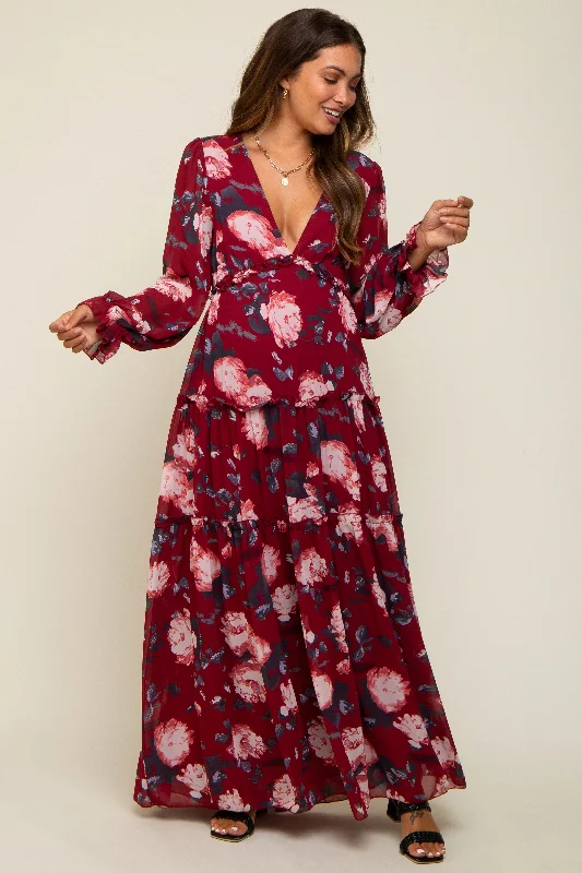 Burgundy Floral Chiffon V-Neck Lettuce Edge Tiered Maternity Maxi Dress Trendy Floral Print Maxi Dress