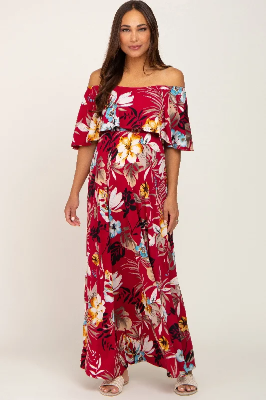 Burgundy Floral Flounce Off Shoulder Maternity Maxi Dress Fashionable High-Waist Maxi Dress Burgundy Floral Flounce Off Shoulder Maternity Maxi Dress Fashionable High-Waist Maxi Dress