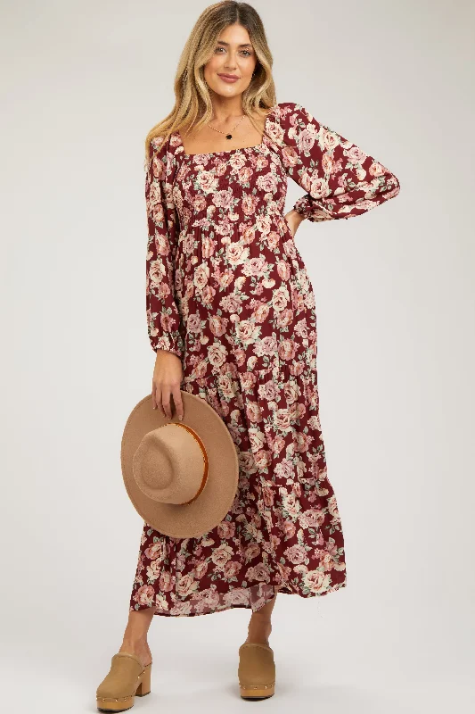 Burgundy Floral Long Sleeve Maternity Maxi Dress Trendy Off-Shoulder Ruffle Maxi Dress