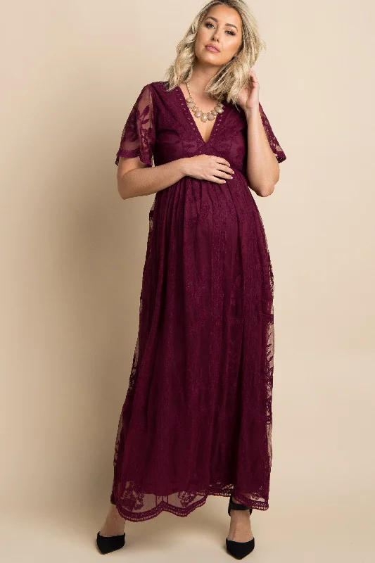 Burgundy Lace Mesh Overlay Maternity Maxi Dress Trendy Short Sleeve Maxi Dress