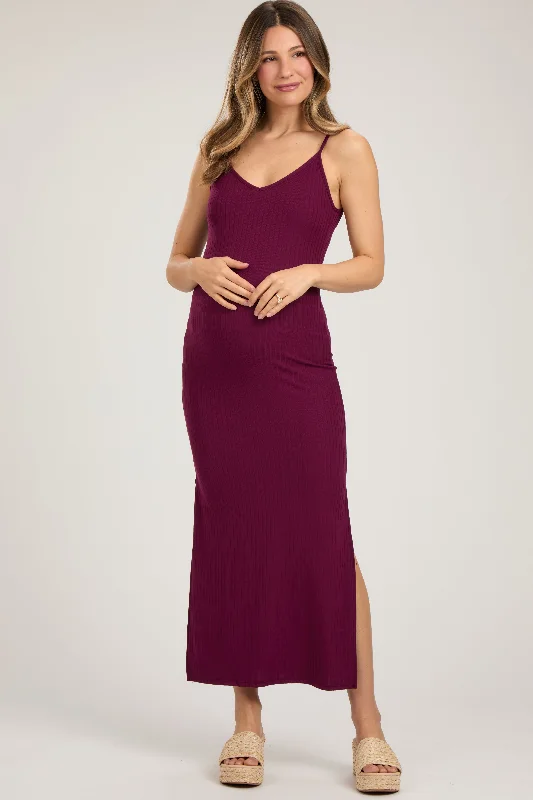 Burgundy Ribbed Side Slit Maternity Maxi Dress Comfortable Plunging Neckline Maxi Dress