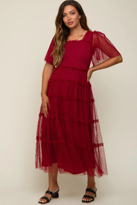 Burgundy Ruffled Mesh Maternity Maxi Dress Stylish Long Sleeve Maxi Dress