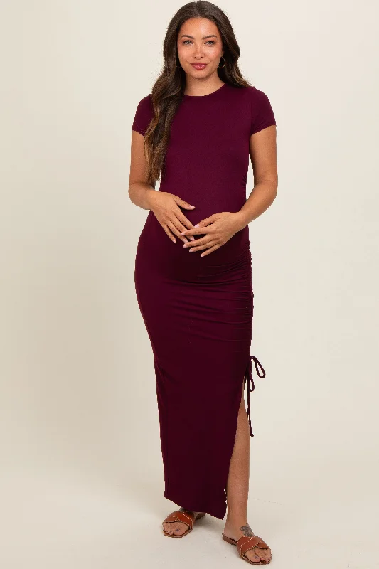 Burgundy Side Slit Maternity Maxi Dress Chic Boho Print Maxi Dress