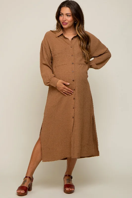 Camel Button Down Collared Maternity Maxi Dress Chic Summer Maxi Dress