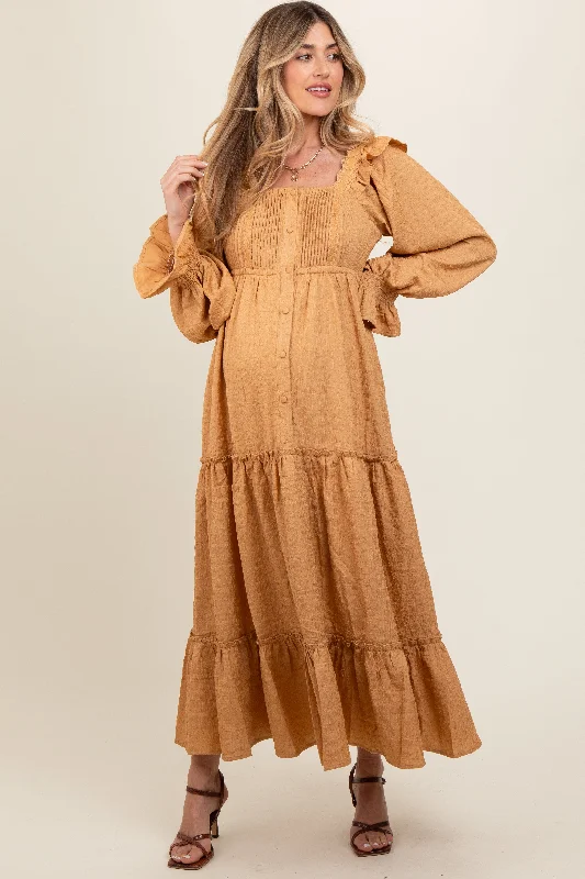 Camel Button Pleated Front Square Neck Ruffle Tiered Maternity Maxi Dress Elegant Maxi Dress with Belt