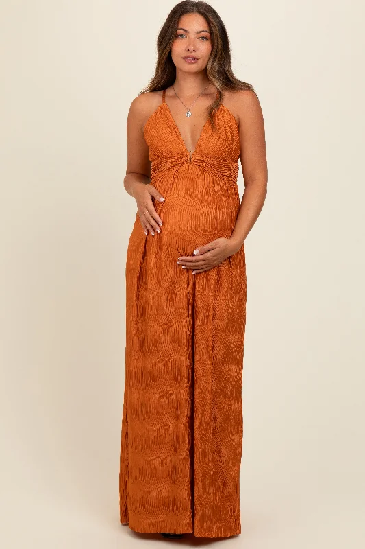 Camel Deep V-Neck Textured Satin Maternity Maxi Dress Cozy Maxi Dress with Slit